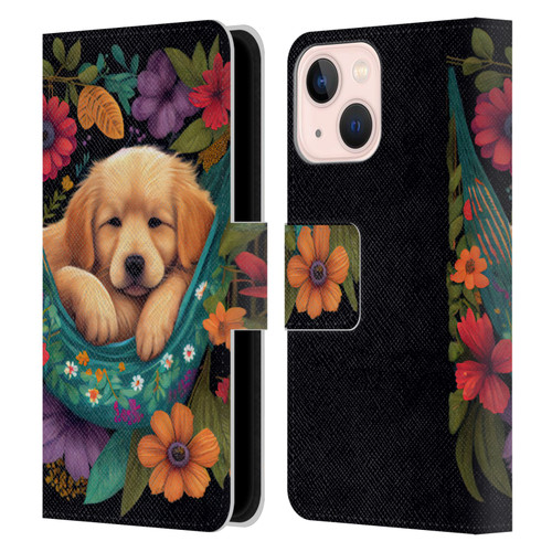 JK Stewart Graphics Golden Retriever In Hammock Leather Book Wallet Case Cover For Apple iPhone 13 Mini