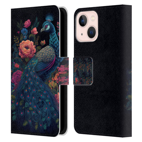JK Stewart Graphics Peacock In Night Garden Leather Book Wallet Case Cover For Apple iPhone 13 Mini