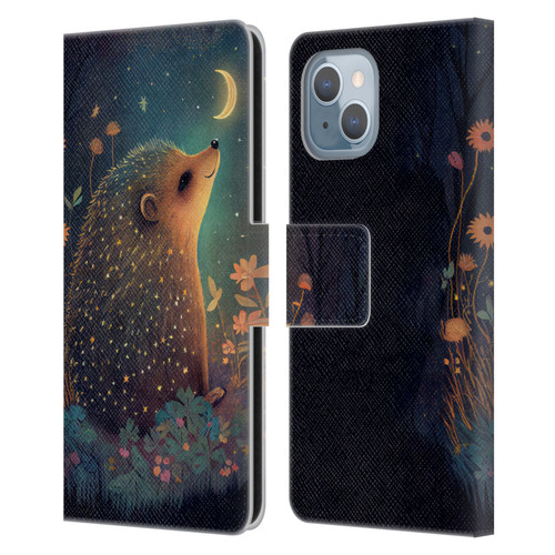 JK Stewart Graphics Hedgehog Looking Up At Stars Leather Book Wallet Case Cover For Apple iPhone 14