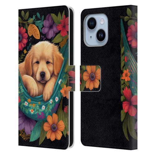 JK Stewart Graphics Golden Retriever In Hammock Leather Book Wallet Case Cover For Apple iPhone 14 Plus