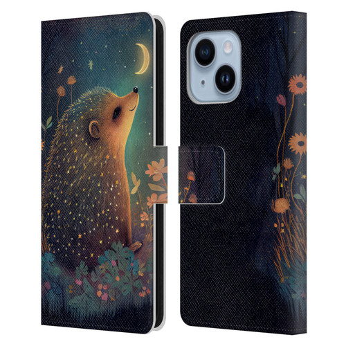 JK Stewart Graphics Hedgehog Looking Up At Stars Leather Book Wallet Case Cover For Apple iPhone 14 Plus