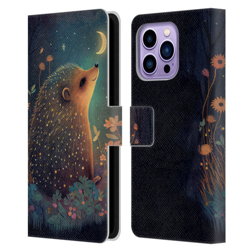 JK Stewart Graphics Hedgehog Looking Up At Stars Leather Book Wallet Case Cover For Apple iPhone 14 Pro Max