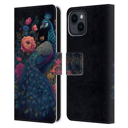 JK Stewart Graphics Peacock In Night Garden Leather Book Wallet Case Cover For Apple iPhone 15