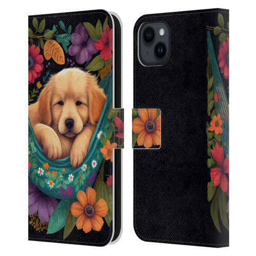 JK Stewart Graphics Golden Retriever In Hammock Leather Book Wallet Case Cover For Apple iPhone 15 Plus