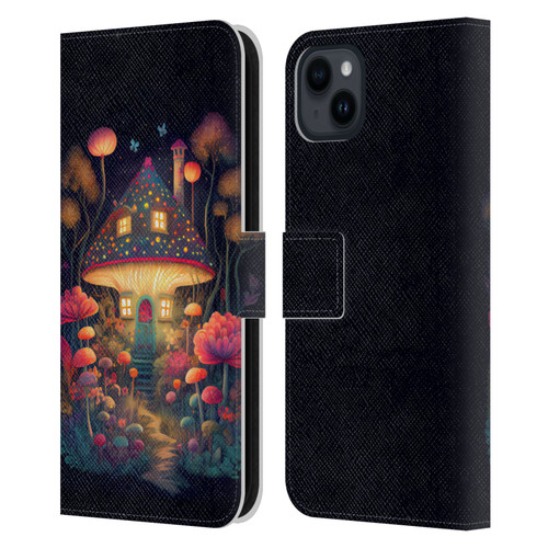 JK Stewart Graphics Mushroom Cottage Night Garden Leather Book Wallet Case Cover For Apple iPhone 15 Plus