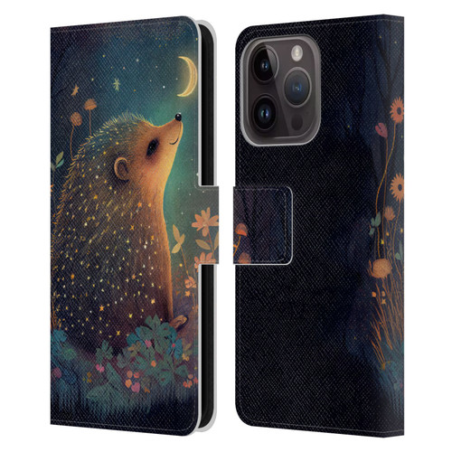 JK Stewart Graphics Hedgehog Looking Up At Stars Leather Book Wallet Case Cover For Apple iPhone 15 Pro