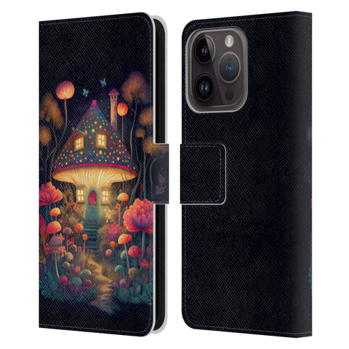 JK Stewart Graphics Mushroom Cottage Night Garden Leather Book Wallet Case Cover For Apple iPhone 15 Pro