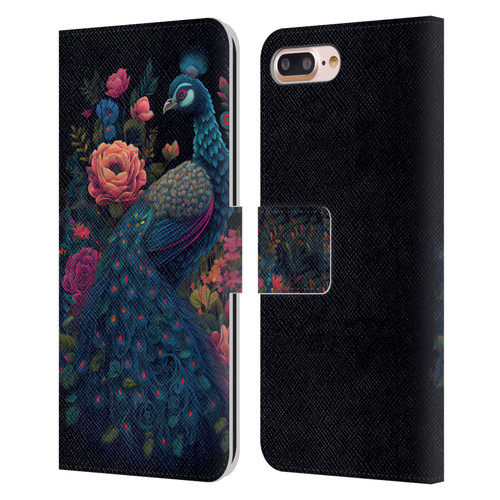 JK Stewart Graphics Peacock In Night Garden Leather Book Wallet Case Cover For Apple iPhone 7 Plus / iPhone 8 Plus