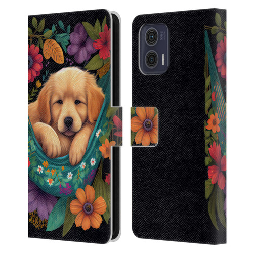 JK Stewart Graphics Golden Retriever In Hammock Leather Book Wallet Case Cover For Motorola Moto G73 5G