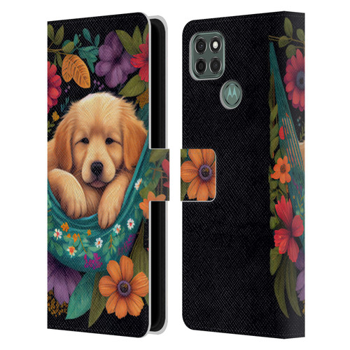 JK Stewart Graphics Golden Retriever In Hammock Leather Book Wallet Case Cover For Motorola Moto G9 Power