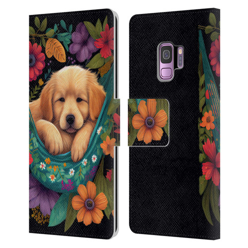 JK Stewart Graphics Golden Retriever In Hammock Leather Book Wallet Case Cover For Samsung Galaxy S9