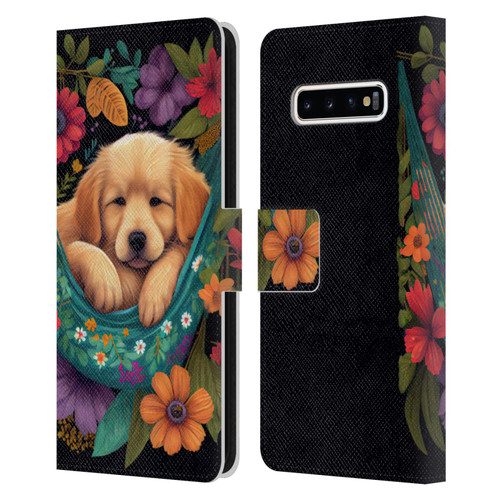 JK Stewart Graphics Golden Retriever In Hammock Leather Book Wallet Case Cover For Samsung Galaxy S10+ / S10 Plus