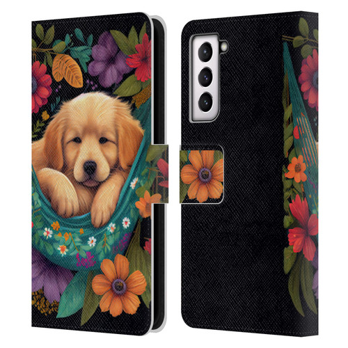 JK Stewart Graphics Golden Retriever In Hammock Leather Book Wallet Case Cover For Samsung Galaxy S21 5G