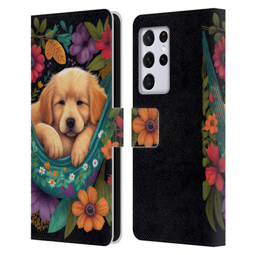 JK Stewart Graphics Golden Retriever In Hammock Leather Book Wallet Case Cover For Samsung Galaxy S21 Ultra 5G