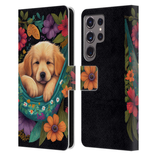 JK Stewart Graphics Golden Retriever In Hammock Leather Book Wallet Case Cover For Samsung Galaxy S24 Ultra 5G