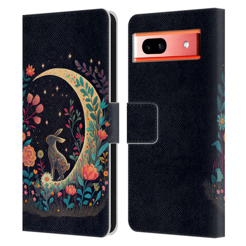 JK Stewart Key Art Rabbit On Crescent Moon Leather Book Wallet Case Cover For Google Pixel 7a