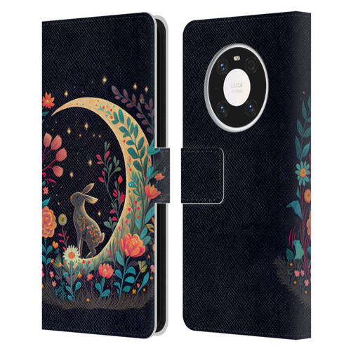 JK Stewart Key Art Rabbit On Crescent Moon Leather Book Wallet Case Cover For Huawei Mate 40 Pro 5G