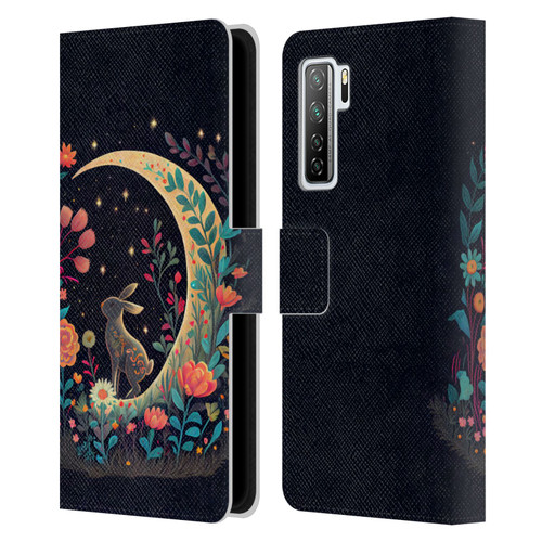 JK Stewart Key Art Rabbit On Crescent Moon Leather Book Wallet Case Cover For Huawei Nova 7 SE/P40 Lite 5G