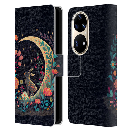 JK Stewart Key Art Rabbit On Crescent Moon Leather Book Wallet Case Cover For Huawei P50 Pro