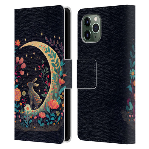 JK Stewart Key Art Rabbit On Crescent Moon Leather Book Wallet Case Cover For Apple iPhone 11 Pro