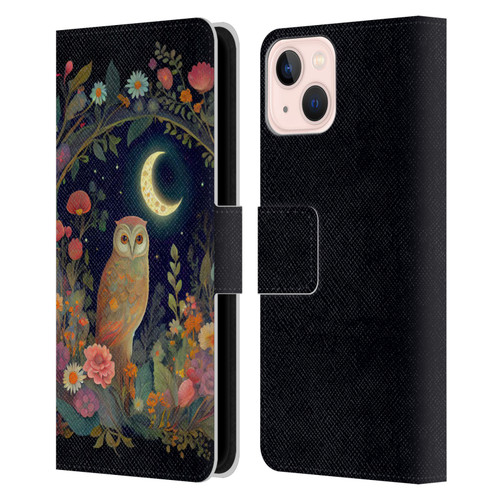 JK Stewart Key Art Owl Crescent Moon Night Garden Leather Book Wallet Case Cover For Apple iPhone 13
