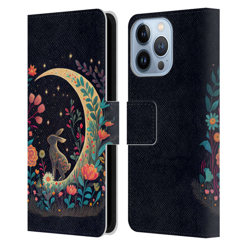 JK Stewart Key Art Rabbit On Crescent Moon Leather Book Wallet Case Cover For Apple iPhone 13 Pro