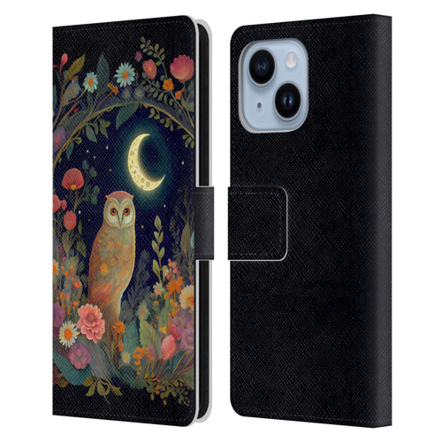 JK Stewart Key Art Owl Crescent Moon Night Garden Leather Book Wallet Case Cover For Apple iPhone 14 Plus