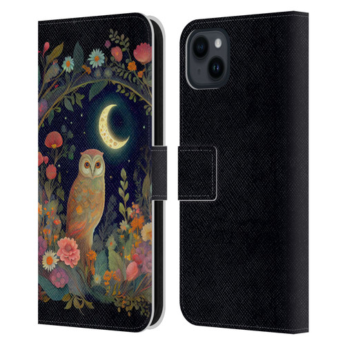JK Stewart Key Art Owl Crescent Moon Night Garden Leather Book Wallet Case Cover For Apple iPhone 15 Plus