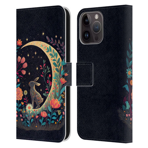 JK Stewart Key Art Rabbit On Crescent Moon Leather Book Wallet Case Cover For Apple iPhone 15 Pro Max