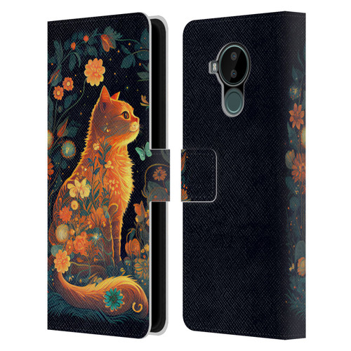 JK Stewart Key Art Orange Cat Sitting Leather Book Wallet Case Cover For Nokia C30