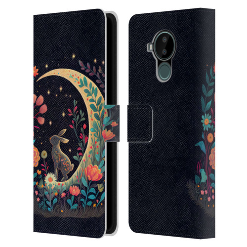 JK Stewart Key Art Rabbit On Crescent Moon Leather Book Wallet Case Cover For Nokia C30