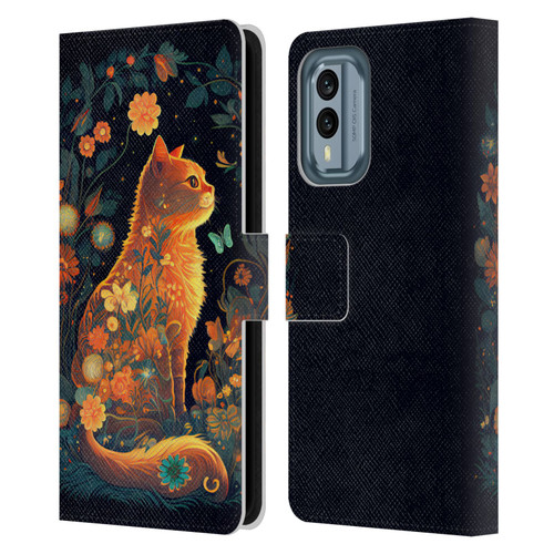 JK Stewart Key Art Orange Cat Sitting Leather Book Wallet Case Cover For Nokia X30