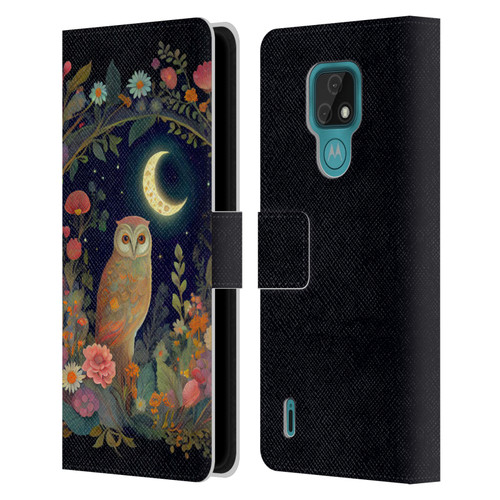 JK Stewart Key Art Owl Crescent Moon Night Garden Leather Book Wallet Case Cover For Motorola Moto E7