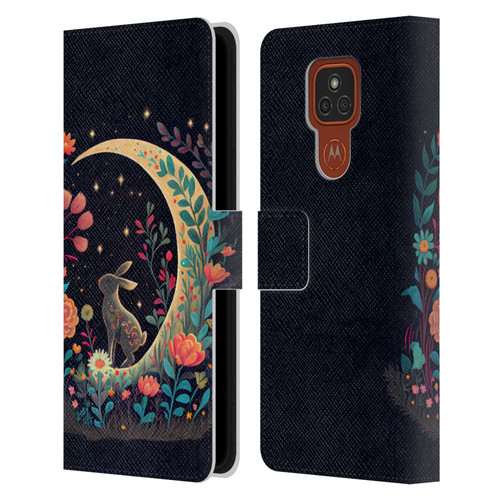 JK Stewart Key Art Rabbit On Crescent Moon Leather Book Wallet Case Cover For Motorola Moto E7 Plus