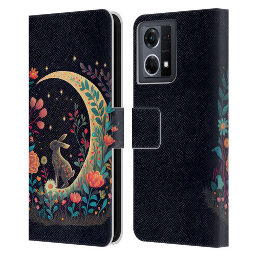 JK Stewart Key Art Rabbit On Crescent Moon Leather Book Wallet Case Cover For OPPO Reno8 4G