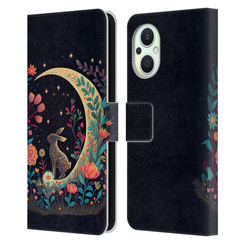 JK Stewart Key Art Rabbit On Crescent Moon Leather Book Wallet Case Cover For OPPO Reno8 Lite