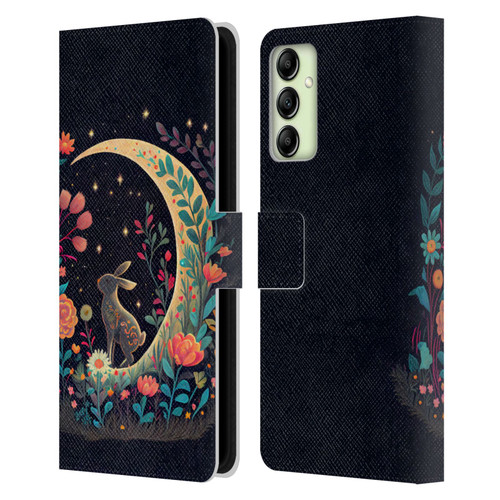 JK Stewart Key Art Rabbit On Crescent Moon Leather Book Wallet Case Cover For Samsung Galaxy A14 5G