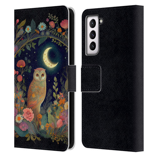 JK Stewart Key Art Owl Crescent Moon Night Garden Leather Book Wallet Case Cover For Samsung Galaxy S21 5G