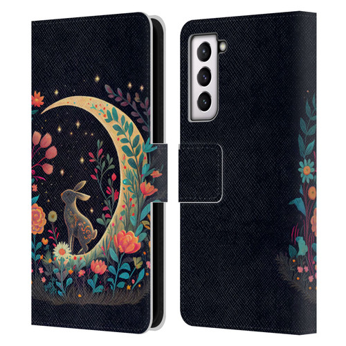 JK Stewart Key Art Rabbit On Crescent Moon Leather Book Wallet Case Cover For Samsung Galaxy S21 5G