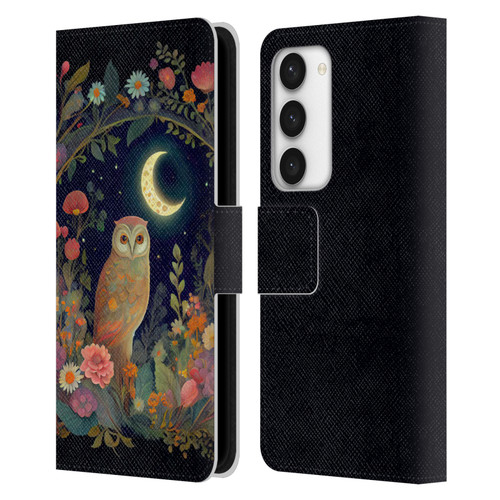 JK Stewart Key Art Owl Crescent Moon Night Garden Leather Book Wallet Case Cover For Samsung Galaxy S23 5G