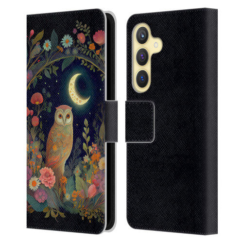 JK Stewart Key Art Owl Crescent Moon Night Garden Leather Book Wallet Case Cover For Samsung Galaxy S24 5G