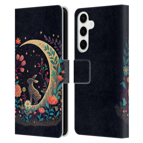 JK Stewart Key Art Rabbit On Crescent Moon Leather Book Wallet Case Cover For Samsung Galaxy S24+ 5G