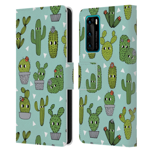 Andrea Lauren Design Plant Pattern Happy Cactus Leather Book Wallet Case Cover For Huawei P40 5G