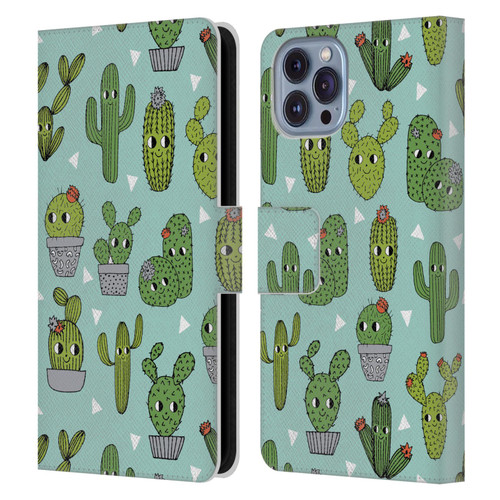 Andrea Lauren Design Plant Pattern Happy Cactus Leather Book Wallet Case Cover For Apple iPhone 14