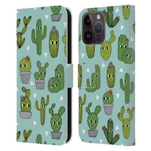 Andrea Lauren Design Plant Pattern Happy Cactus Leather Book Wallet Case Cover For Apple iPhone 15 Pro Max