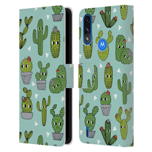 Andrea Lauren Design Plant Pattern Happy Cactus Leather Book Wallet Case Cover For Motorola Moto E7 Power / Moto E7i Power