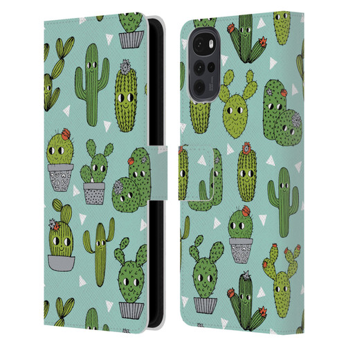 Andrea Lauren Design Plant Pattern Happy Cactus Leather Book Wallet Case Cover For Motorola Moto G22