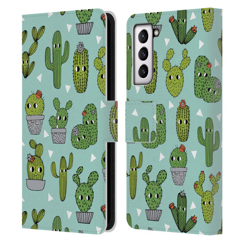 Andrea Lauren Design Plant Pattern Happy Cactus Leather Book Wallet Case Cover For Samsung Galaxy S21 5G