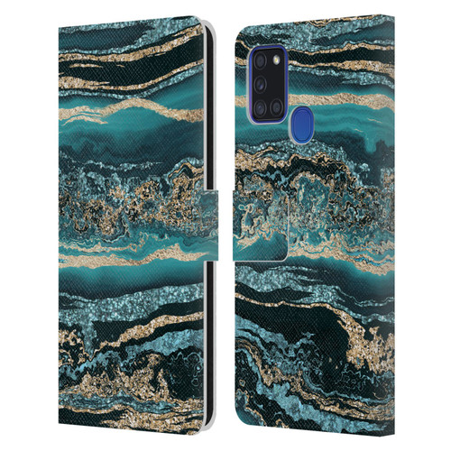LebensArt Gemstone Marble Luxury Turquoise Leather Book Wallet Case Cover For Samsung Galaxy A21s (2020)