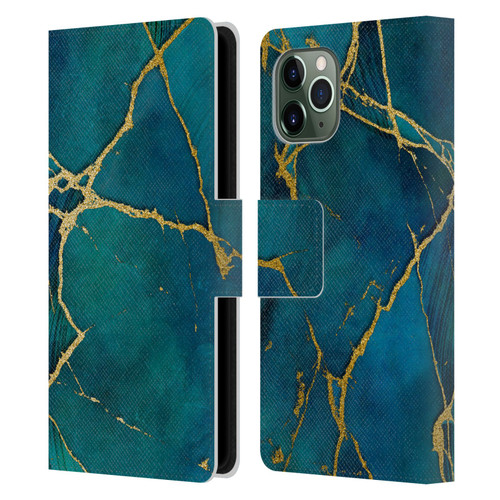 LebensArt Mineral Marble Blue And Gold Leather Book Wallet Case Cover For Apple iPhone 11 Pro